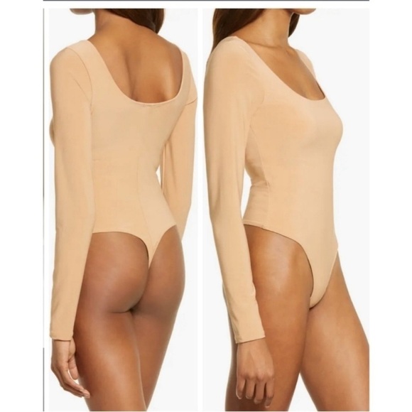 New Leith Nordstrom Double Scoop Long Sleeve Bodysuit in Pink Smoke - Picture 2 of 6